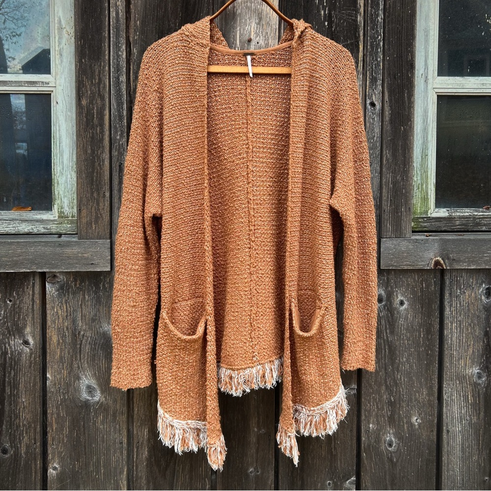 Free People Love Me Tender Rust Fringe Open-Front Knit Cardigan